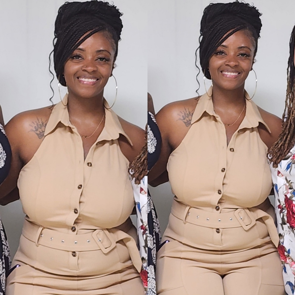 Sleeveless Beige Belted Jumpsuit
